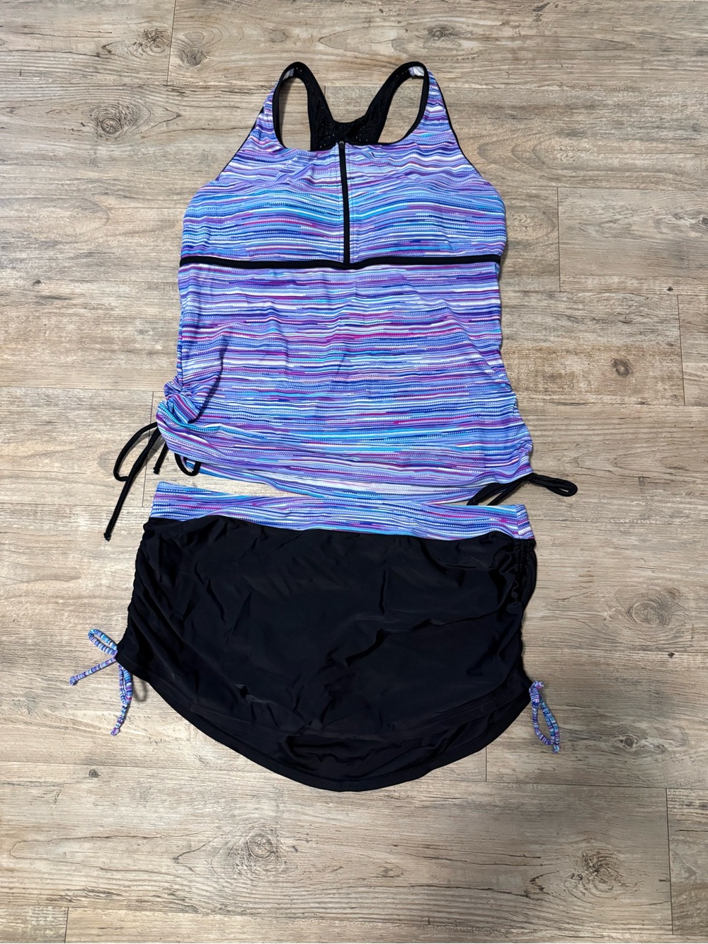 Women's Purple & Blue Striped One-Piece Tankini with Black Skirt